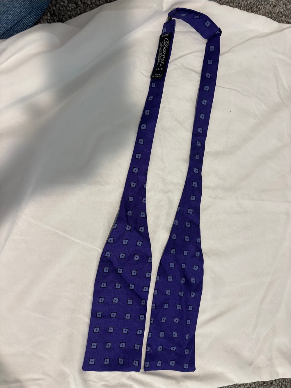 Charvet Purple Silk Self-Tie Bow Tie with Light Blue Square Motif